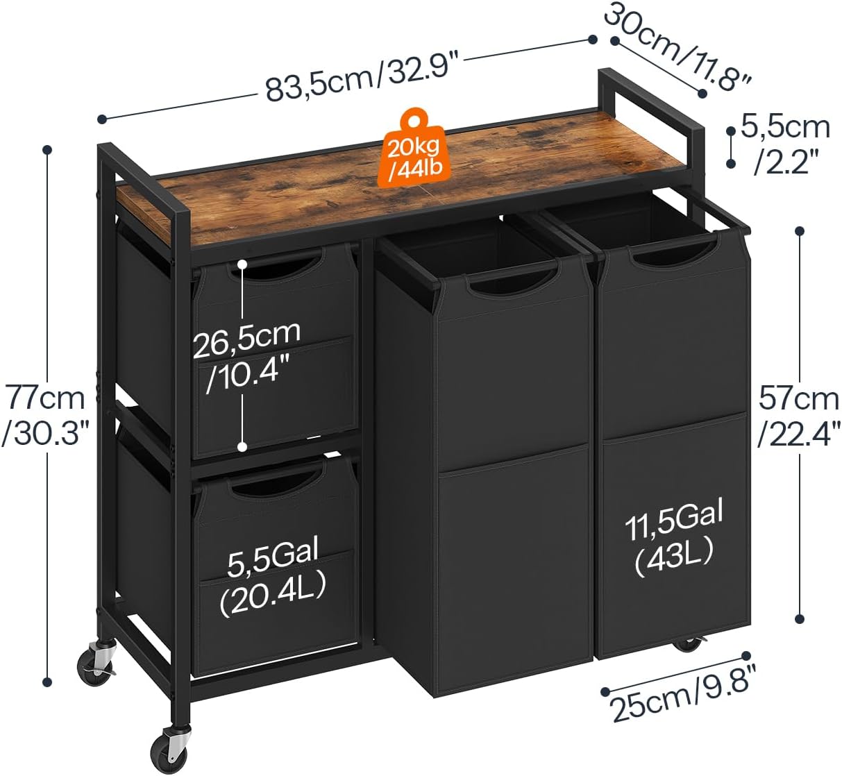 HOOBRO Laundry Sorter with 4 Section, 39 Gal. (147 L) Laundry Hamper with Wheels, Rolling Laundry Basket with Shelf, Pull-Out Detachable Bags, Side Pockets, Rustic Brown, Black and Beige BFE14XY01N1