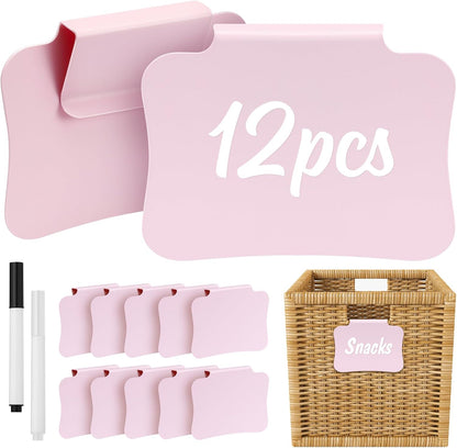 12PCS Basket Labels Clip On for Storage Bins, Removable & Erasable Bin Labels Clips On, Laundry Kitchen Pantry Labels for Organizing Baskets Cube Box (Pink)