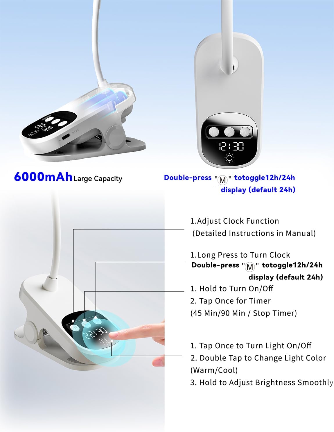 Clip On Desk Lamp Wireless 6000mAh Rechargeable LED Reading Light 3 Colors | Clip-On Light Works As Desk Lamp, Bed Headboard Light, Dorm Study Lamp And Book Light; Fits Home, Office,Camping & More