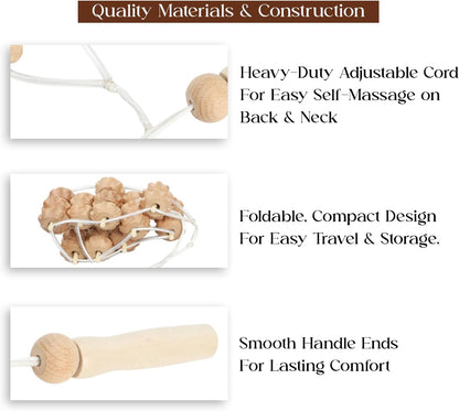 Mr.Woodware Rope Back Massager - 47.2 inches Lymphatic Drainage Massager Tool for Back, Neck, Legs, Waist, Body Pain Relief and Massage Therapy - Anti Cellulite Wooden Massage Roller for Maderoterapia