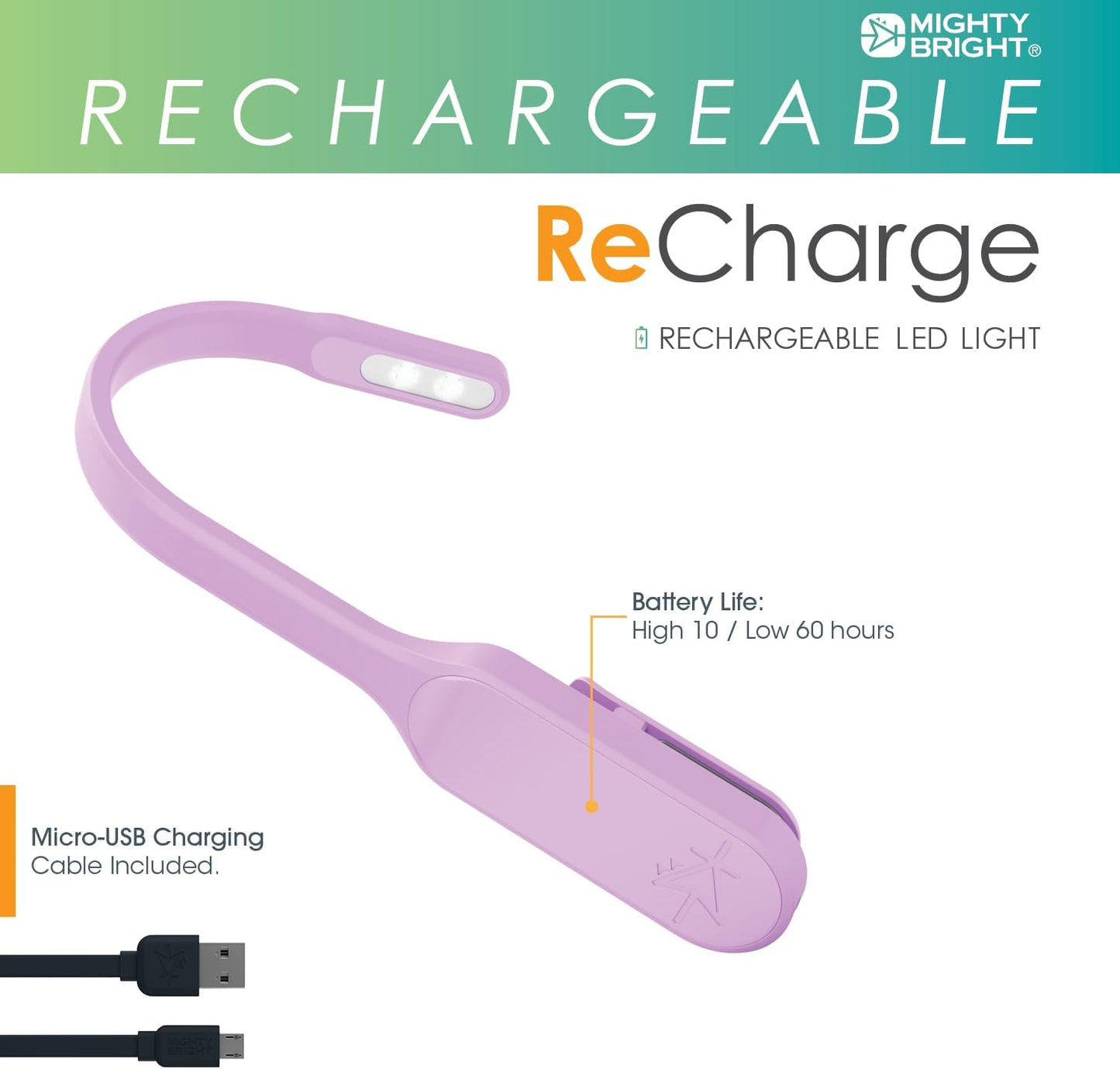 The Original Mighty Bright Recharge Clip On Rechargeable Book Light Reading Light, Warm Eye Care LEDs, Flexible, Durable, Dimmable, Perfect for Kids, Bookworms, Reading in Bed, Lasts 60 Hours (Green)