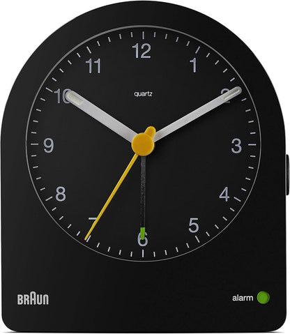 Braun Classic Analogue Alarm Clock with Snooze and Continuous Backlight, Quiet Quartz Movement, Crescendo Beep Alarm in White, Model BC22W.