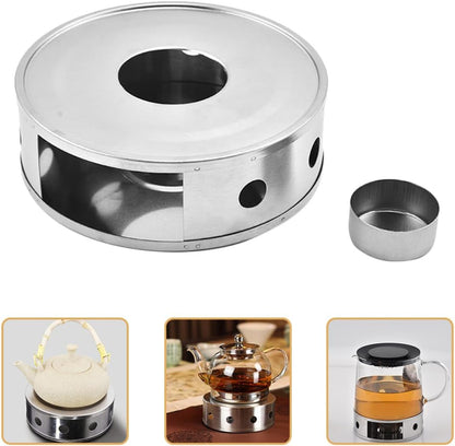 Stainless Steel Tea Pot Heater with Glass Warmer Base, Hollow Teapot Warmer for Office and Home, Portable Teapot Heating Stand with Candle Holder for Tea Accessories