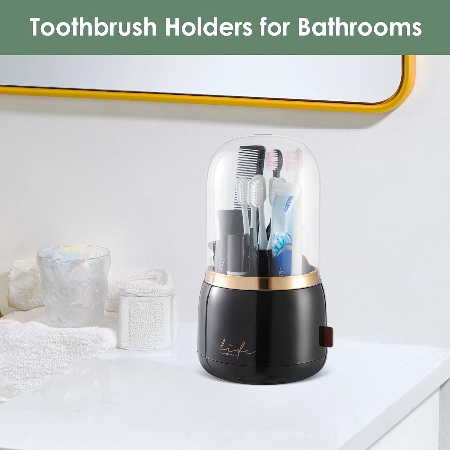 Toothbrush Holders, Toothbrush Holders for Bathrooms, Makeup Brush Holder | Toothbrush and Toothpaste Holder, Rotatable Toothbrush Holder with Transparent Dust Cover, Multi Drainage Vent Holes