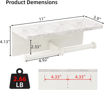 Gypie Marble Toilet Paper Holder with Shelf, Wall Mounted Matte Black | Stainless Steel Tissue Roll Paper Holder Dispenser for Bathroom Washroom