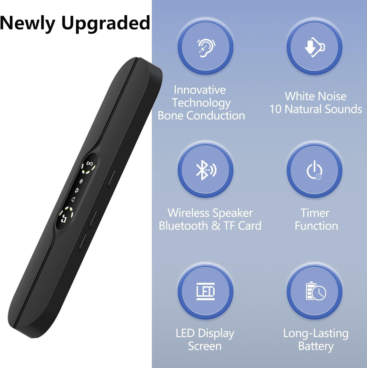 Hesond Pillow Speaker Bone Conduction White Noise with LED Display Timer | Bluetooth Stereo Wireless Music Mini Portable Sleep Headphones Bar Sleep Speaker for Side Sleepers Supports TF Card (Black)