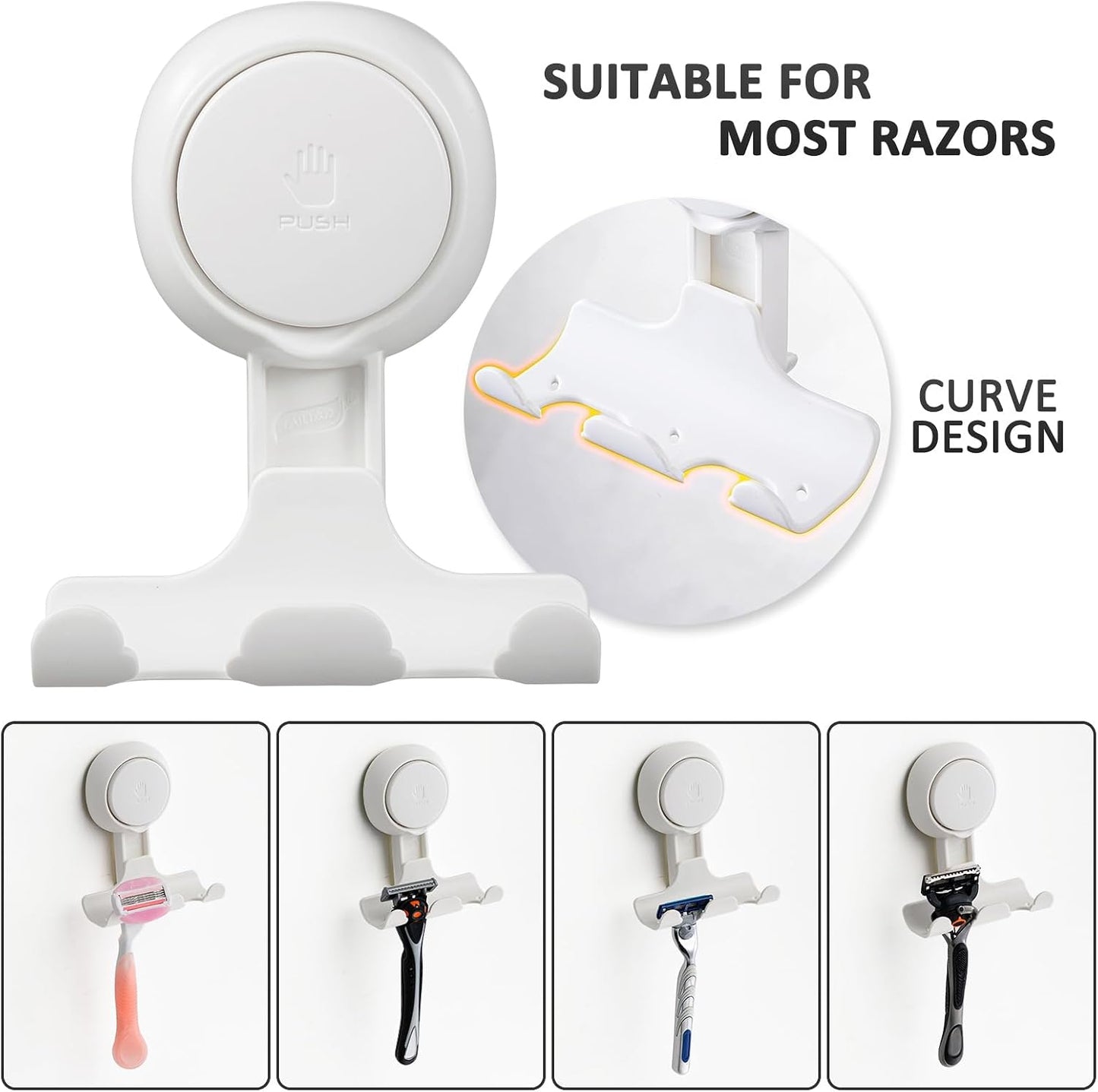 Razor Holder for Shower 2 Pack, Powerful Vacuum Suction Cup Hook for Towel, Loofah, Razor, Squeegee, Damage-Free Wall Shower Hook, Shaver Holder for Bathroom, Easy to Install and Reuse, Black