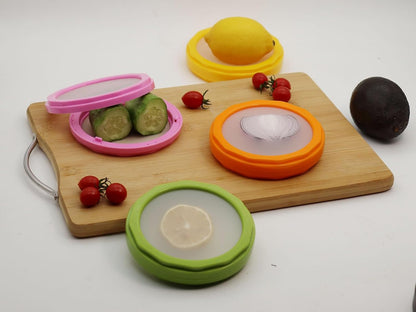 Onion storage and Avocado Saver,Set of 4 Double-Sided Silicone Fruit Keeper Containers for Fridge,Tomatos Holder,Lemons,Garlic,and Potatoes