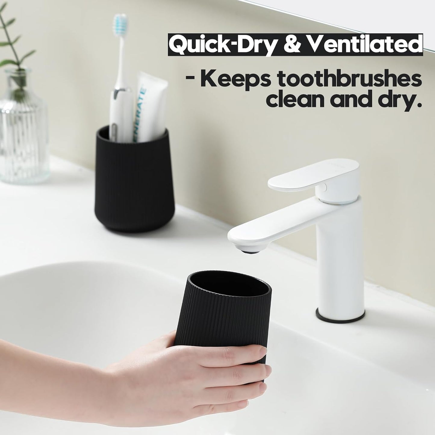 YAUKPH Black Striped Toothbrush Holder | for Electric Toothbrushes Bathroom Organizer Cup for Toothpaste Kids & Adults