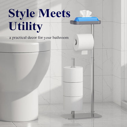 Kitsure Metal Toilet Paper Holder Free Standing, Medium, Black | Rustproof Toilet Paper Stand for 4 Rolls, Bathroom Organizers and Storage with Anti-Slip Base and Plastic Shelf