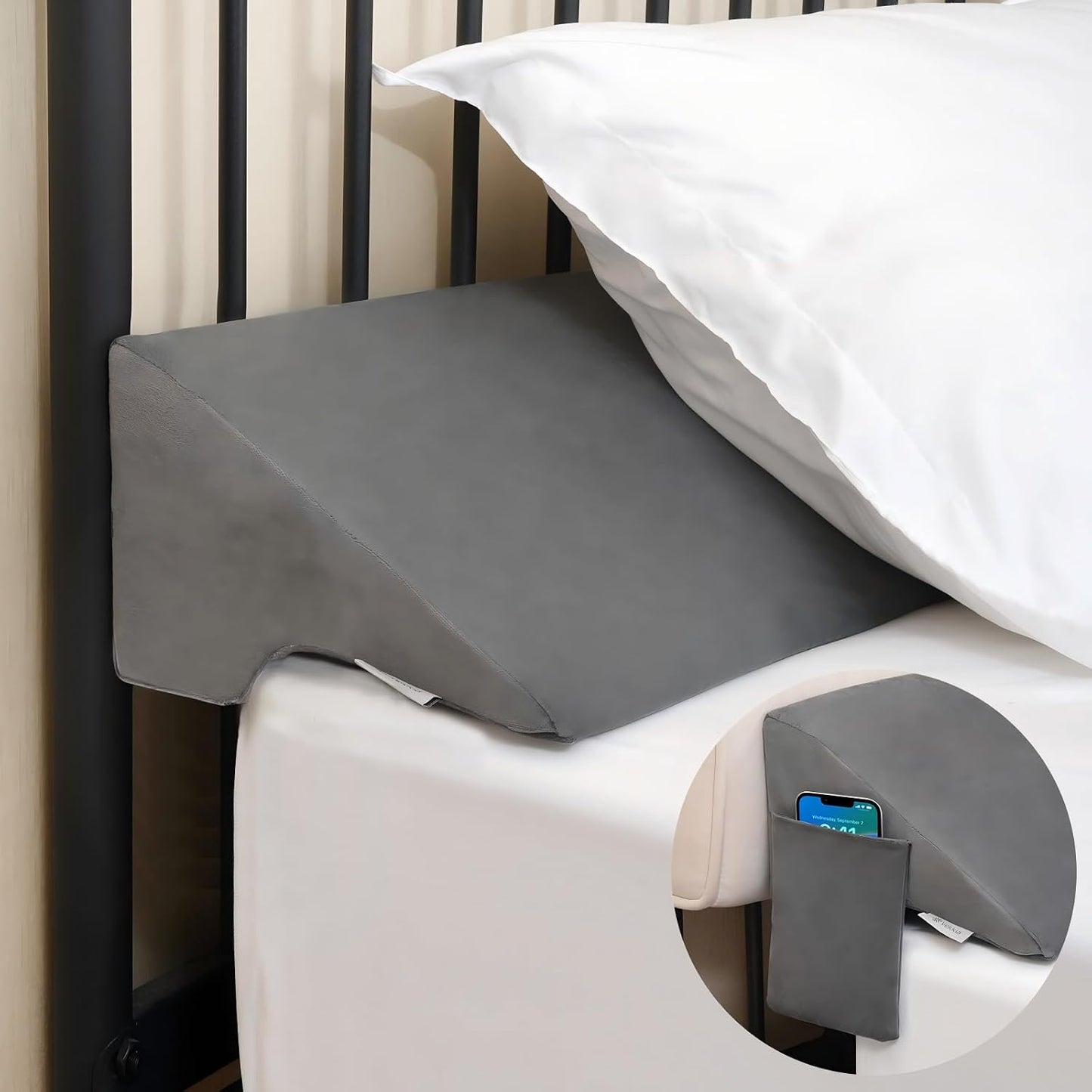 Vekkia King Bed Wedge Pillow for Headboard Gap Filler (0–5.5") | Prevents Pillows & Items from Falling, High-Density Foam Mattress Gap Filler with Pockets, Removable Cover, Gray, 60"x10"x6"