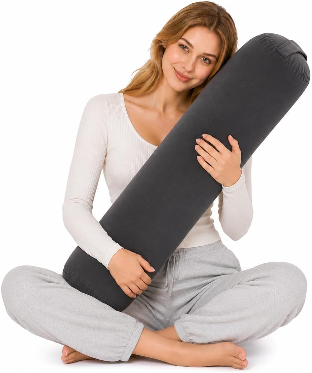 SAMTY Bolster Pillow for Adults, Long Round Body Pillow for Bed, 76x7.87 | Beige, Velvet Lumbar Pillow, Soft Cylindrical Body Pillow, Hidden Zipper And Carry Handle for Sleeping, Reading Relaxing