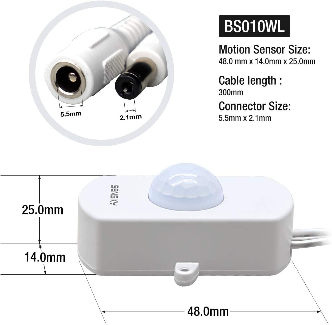 SENSKY BS010WL DC 12v to 24v Mini Pir Motion Sensor Switch Occupancy Sensor Switch for DIY LED Lighting (Light Sensor, Delay Time, Sensor Distance, Adjustable)