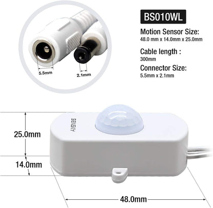 SENSKY BS010WL DC 12v to 24v Mini Pir Motion Sensor Switch Occupancy Sensor Switch for DIY LED Lighting (Light Sensor, Delay Time, Sensor Distance, Adjustable)