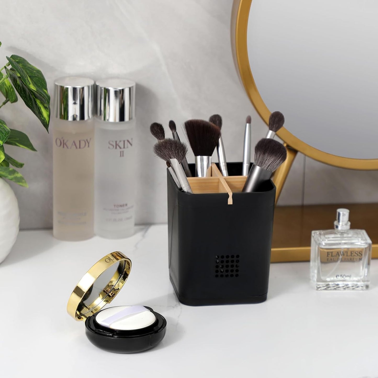 Electric Toothbrush Holder Tooth Brush and Toothpaste Organizer, Black | 3 Slots, Drainage Holes, Removable Bamboo Divider, Ventilation Design, Space-Saving, for Bathroom Countertop, Shower, Vanity