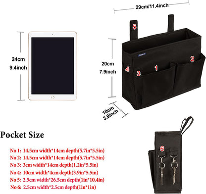Surblue Bedside Caddy Hanging Organizer Storage Bag Pocket for Bunk, Hospital, College Dorm Rooms, Baby Bed Rails, Camp - 4 Pockets, 2 Hooks (Blue)