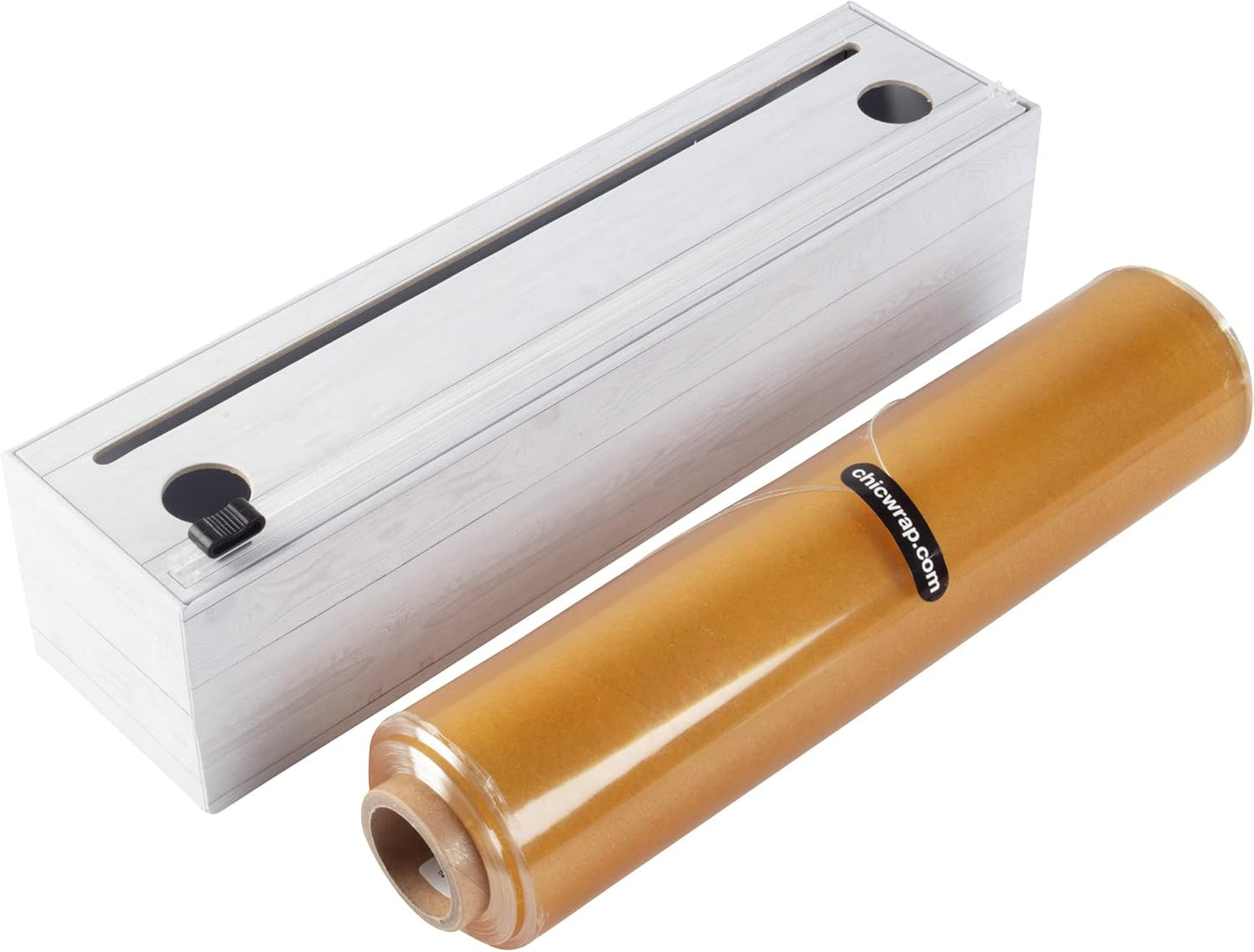 ChicWrap Shiplap Plastic Wrap Dispenser - Includes large 12"x750' roll | Large, Oversized Reusable Plastic Wrap Dispenser with Four Non-Slip Rubber Feet and Slide Cutter