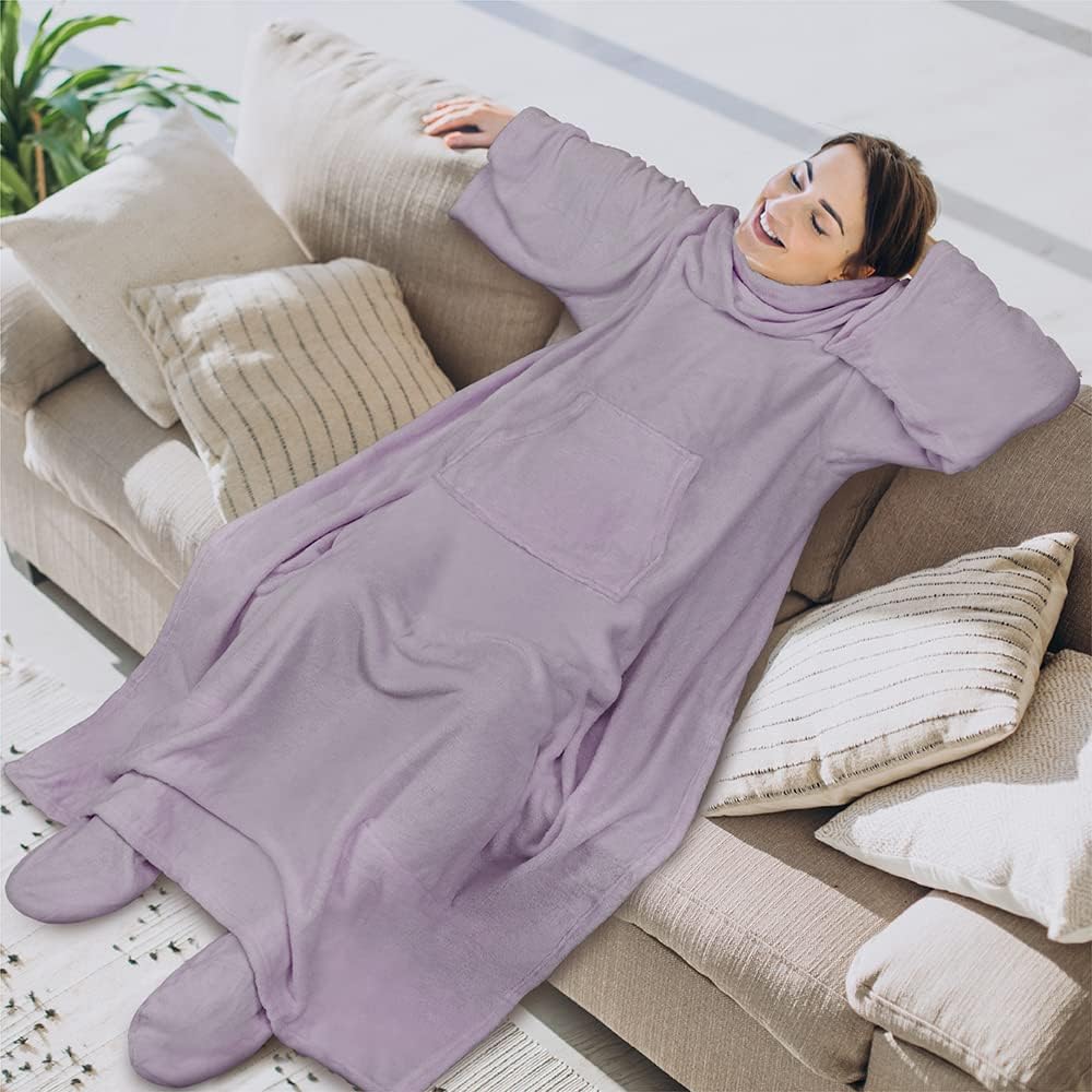 PAVILIA Fleece Blanket with Sleeves, Foot Pockets for Women Men Adults, Plush Wearable Blanket Throw Wrap, Warm Snuggle Blanket Robe, Cozy Gift Ideas Wife Mom, Dark Purple