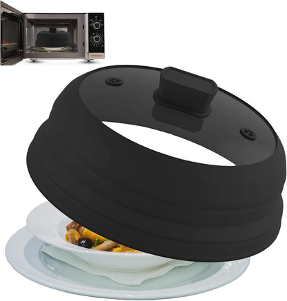 Collapsible Microwave Splatter Cover, Glass Silicone Foldable Microwave Lid for Food, 10.8 Inch Grease Splatter Guard for Pots, Pans & Bowls, Black