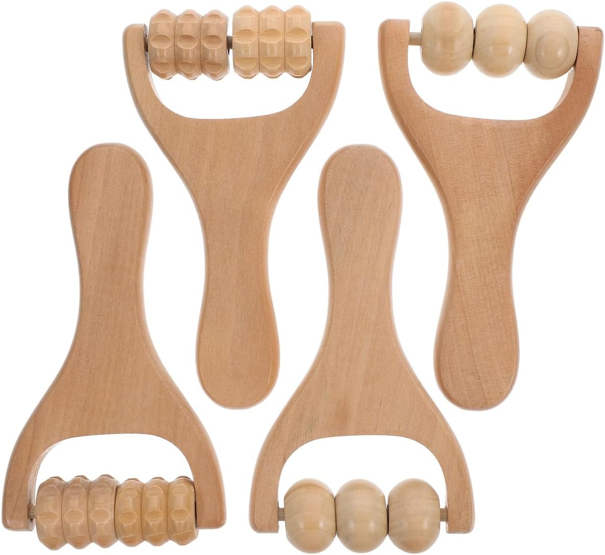 LALAFINA 4Pcs Wooden Massager Rollers Handheld Bead Rollers Lymphatic Acupressure Massage Tool for Men Women Foot, Legs, Arms, Light Brown