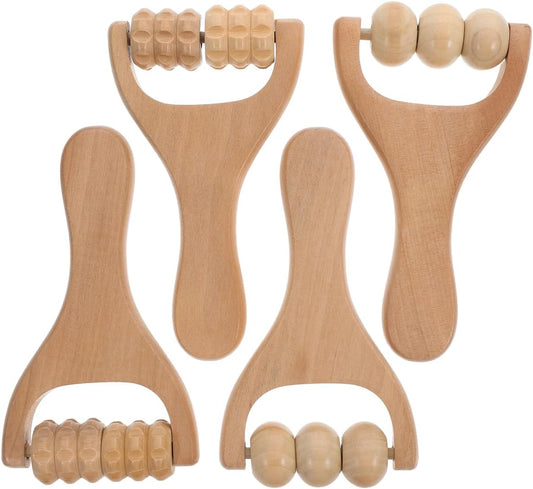 LALAFINA 4Pcs Wooden Massager Rollers Handheld Bead Rollers Lymphatic Acupressure Massage Tool for Men Women Foot, Legs, Arms, Light Brown