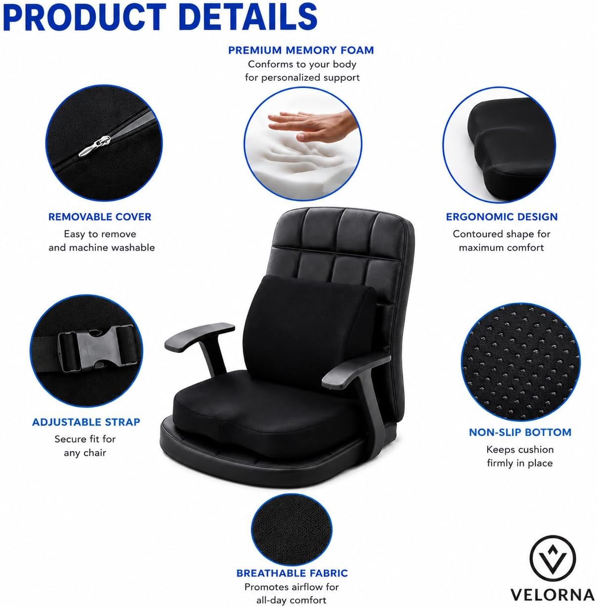 2-in-1 Memory Foam Seat Cushion & Lumbar Support Set | Ergonomic Office Chair Cushion for Tailbone, Sciatica & Help Back Pain Relief | Non-Slip Coccyx Pad, Washable Cover, Adjustable Strap