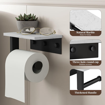 BWE Brushed Gold Toilet Paper Holder with Marble Shelf Wall Mounted | Toilet Paper Roll Holder with Phone Shelf 304 Stainless Steel Tissue Holder for Bathroom Washroom,Saving Space