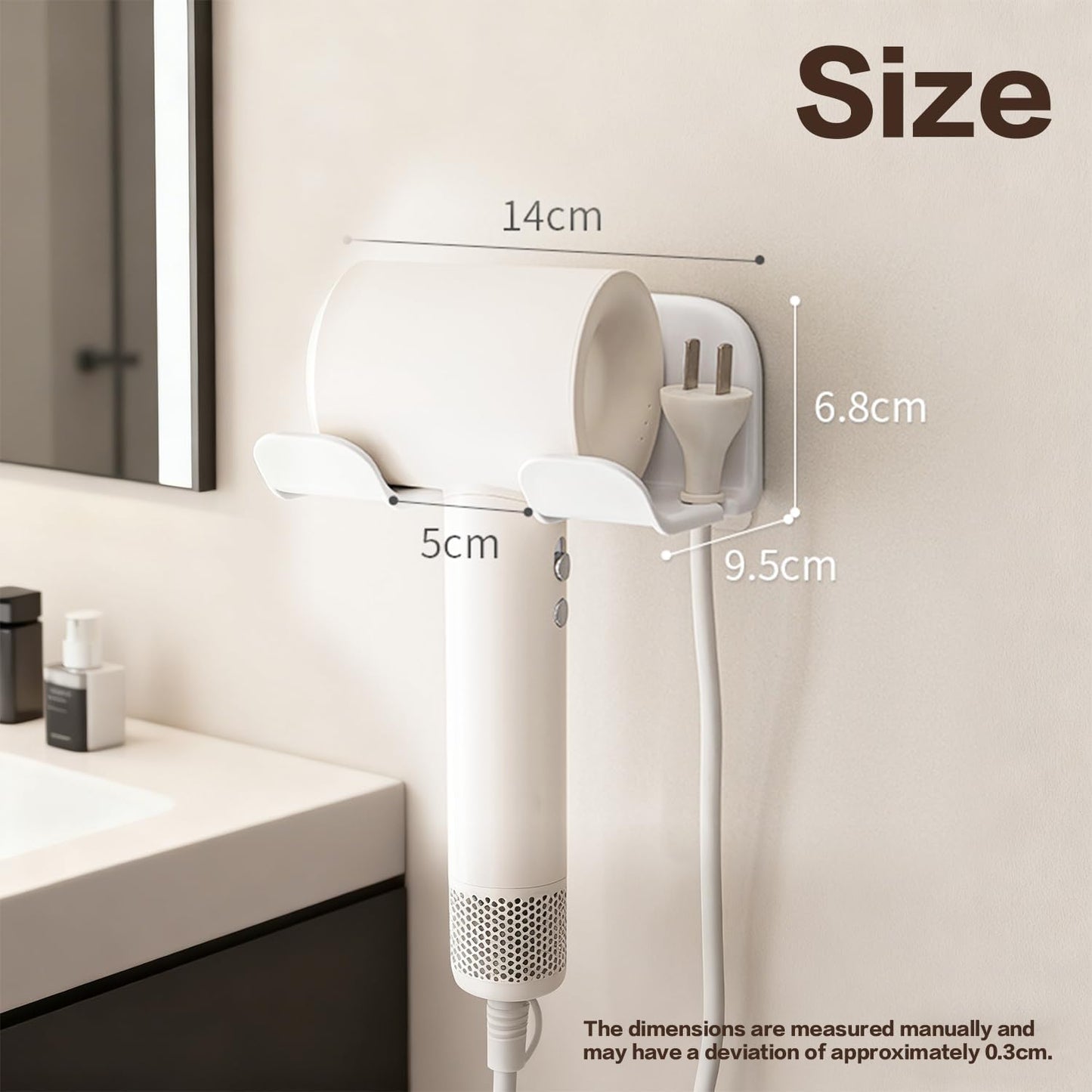 Universal Hair Dryer Holder Wall Mount, Blow Dryer Hanger with Plug Cord Organizer, No Drilling Self Adhesive for Bathroom Cabinet Door Vanity (1PCS, White)