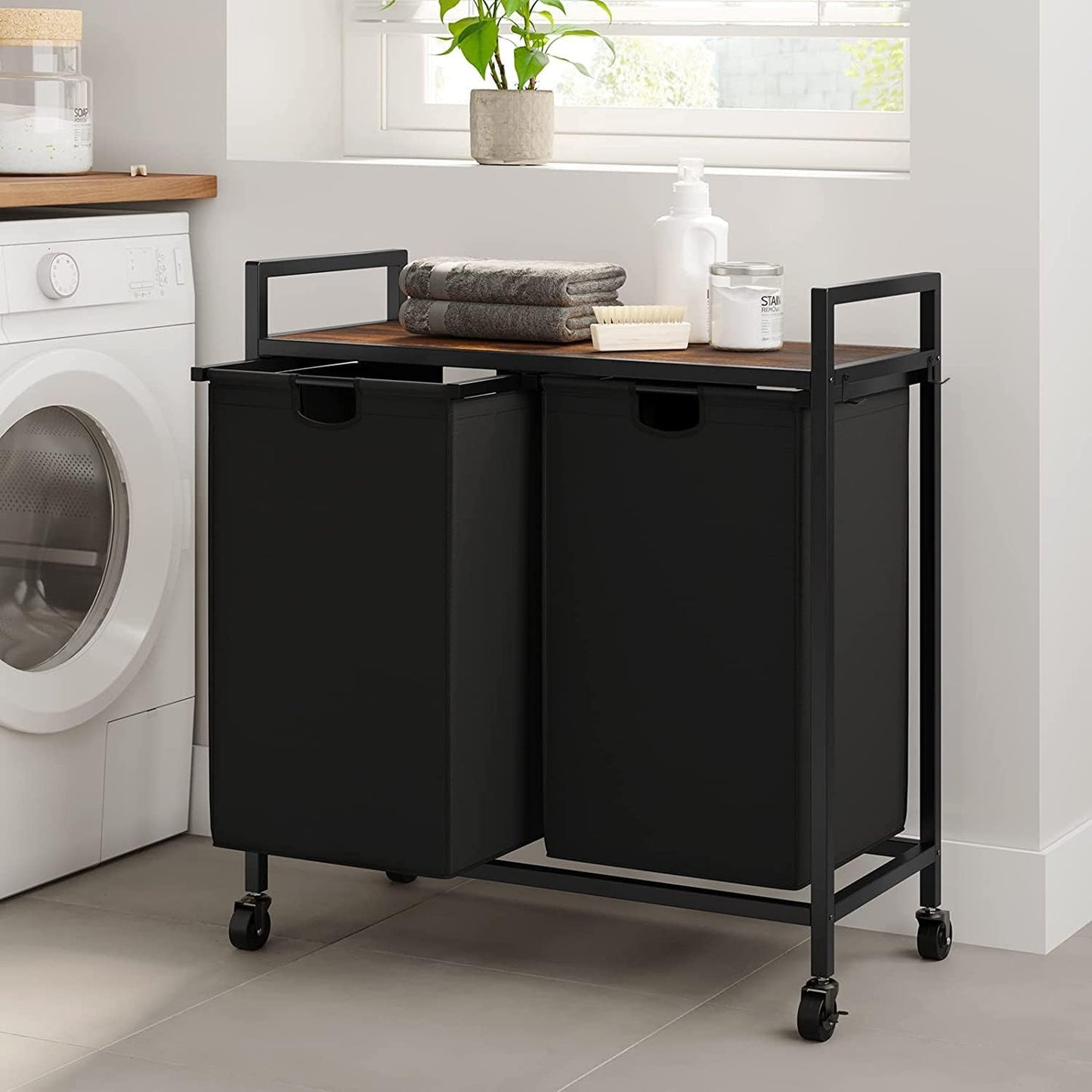 WOWLIVE Double Laundry Hamper with Wheels, Rolling Laundry Basket Organizer | Laundry Hamper 2 section with Lid, Iron-Made Laundry Sorter with Shelf, Removable Bags, Large Clothes Storage, White