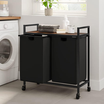 WOWLIVE Double Laundry Hamper with Wheels, Rolling Laundry Basket Organizer | Laundry Hamper 2 section with Lid, Iron-Made Laundry Sorter with Shelf, Removable Bags, Large Clothes Storage, White