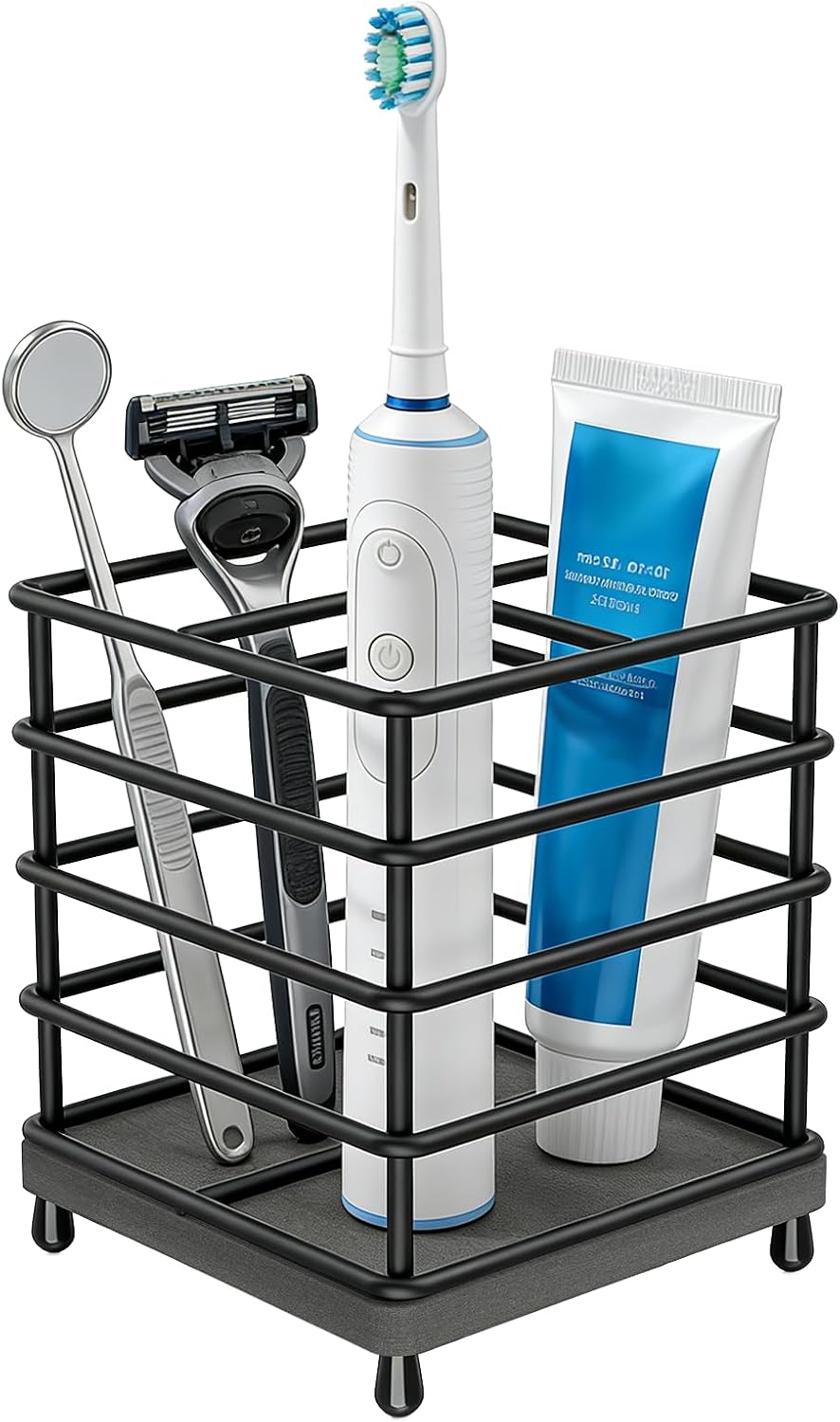 Toothbrush Holder with Quick Drying Mat—Toothbrush and Toothpaste Holders for Bathrooms—5 Slots Openwork Design Black Toothbrush Holder Set,Bathroom Counter Organizer for Electric Toothbrush