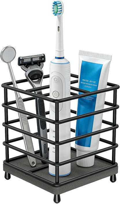 Toothbrush Holder with Quick Drying Mat—Toothbrush and Toothpaste Holders for Bathrooms—5 Slots Openwork Design Black Toothbrush Holder Set,Bathroom Counter Organizer for Electric Toothbrush