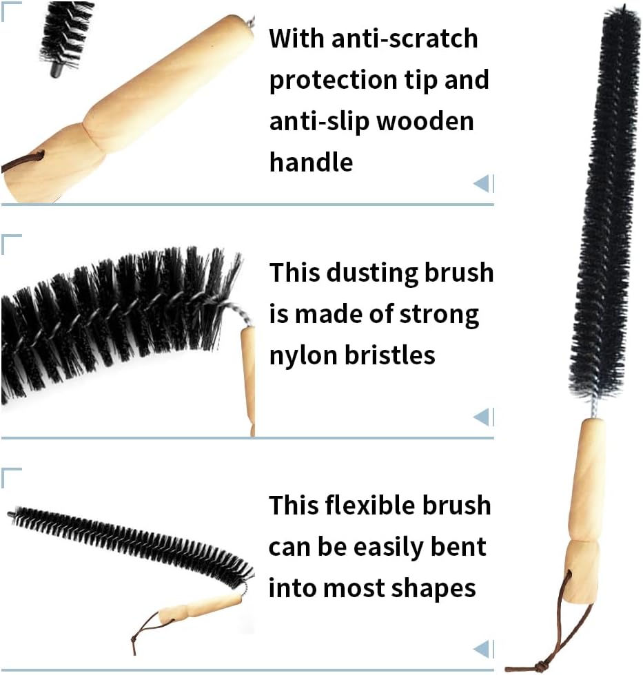 2Pcs Radiator Brush, 16-Inch Long Flexible Radiator Cleaning Brush with Wooden Handle, Refrigerator Coil Soft Bristile Brush, Dryer Lint Brush for Washer Dryer(Black)