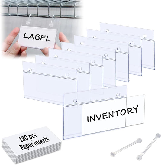 ChanQnTon Plastic Shelf Labels, 60pcs Label Holders with 120pcs Snap Lock Hanging Loops and 60pcs Matched Paper Inserts for Wire Basket,Price Tags,Shelf Tags for Wire Shelving 3.15x1.57inch