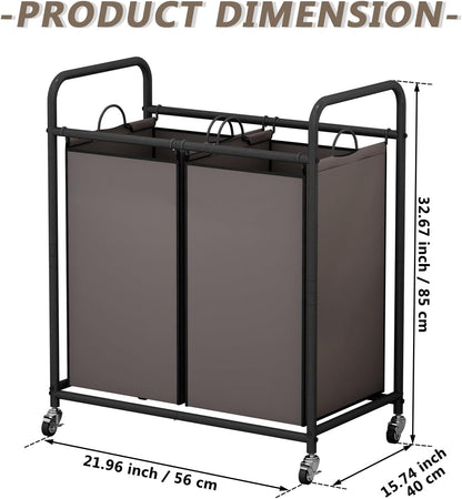 SUOERNUO Laundry Hamper with Lockable Wheels and 2 Removable Bags | Rolling Laundry Basket Laundry Sorter 2 section for Dirty Clothes in Laundry Room or Small Spaces, Grey+Beige