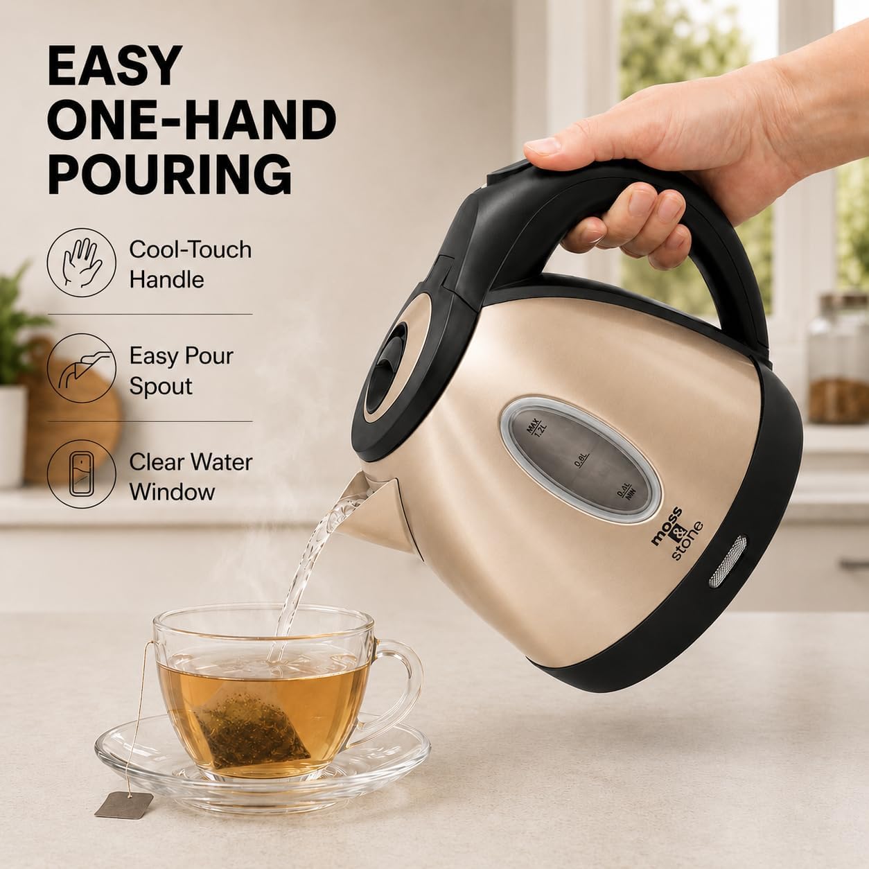 Moss & Stone Red Stainless Steel Electric Kettle, 1.2L Cordless 1500W | Small, portable hot water tea kettle, fast boiling pot, boil-dry protection, auto shut-off, blue Illuminate LED light