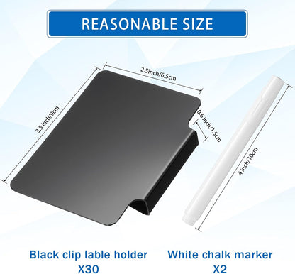 32 Pieces Basket Labels Clip Set, Include 30 Kitchen Clip Label Holder Removable PVC Bin with 2 Chalk Marker for Basket Pantry Organization Box (White Label Clip, Black Pen)