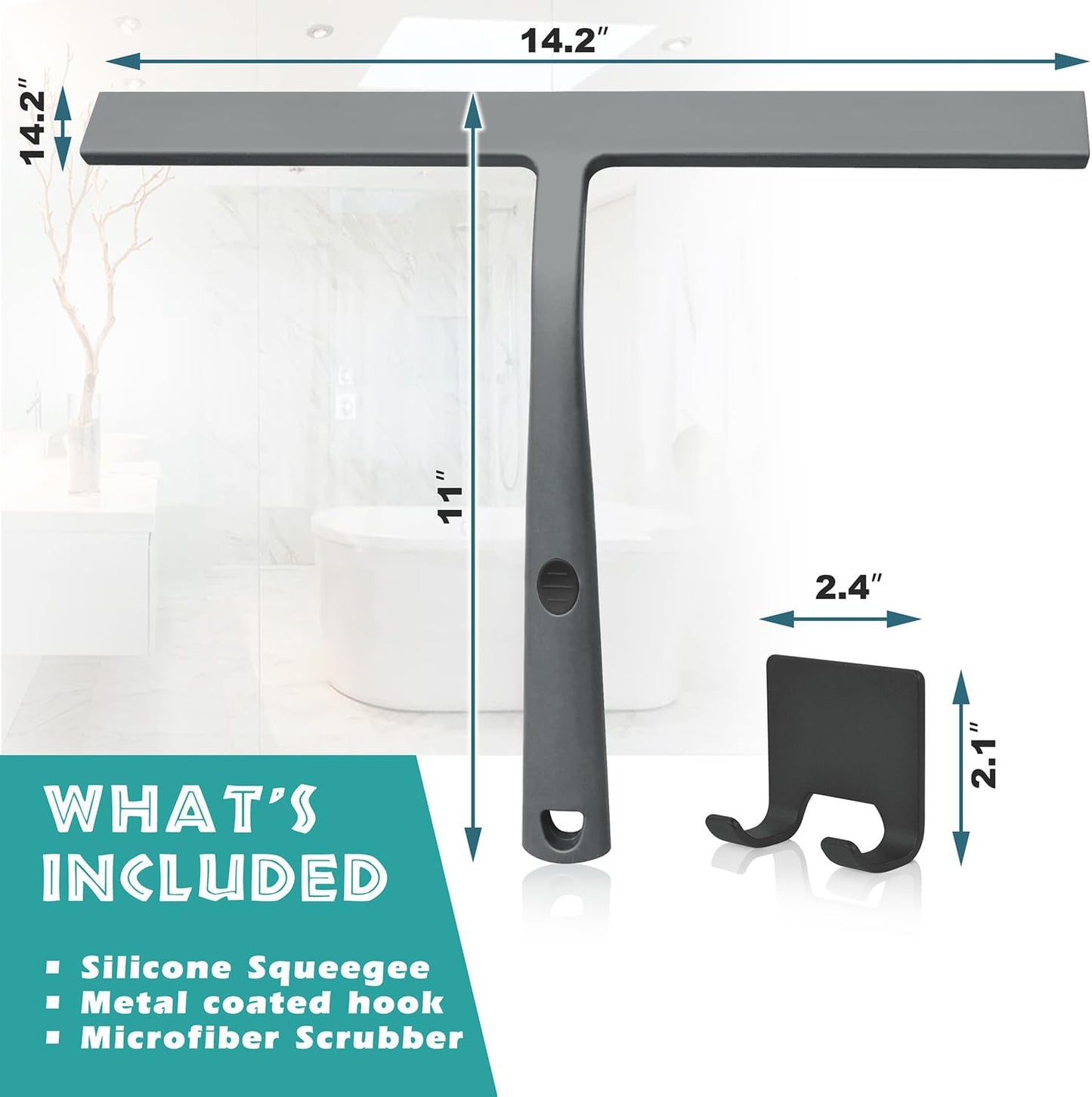 12 Inch Silicone Shower Squeegee for Glass Doors with Microfiber Cloth & Hook, Streak-Free Window Cleaner for Bathroom Mirror Tile Car, No-Scratch Squeegee with Rustproof Metal Core (Black)