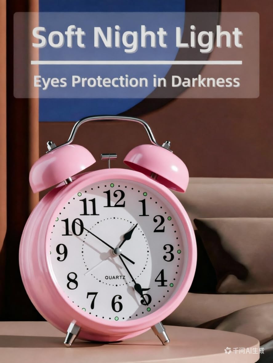 4 Inches Analog Alarm Clocks Retro Backlight Cute Simple Design with Night Light Silent Non-Ticking Battery Operated [Red]