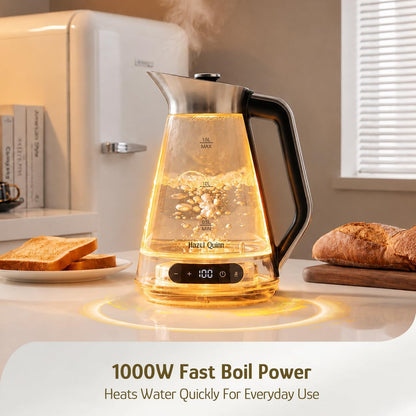 Hazel Quinn Glass & Stainless Steel Electric Kettle, 1.5 Liters Tea Kettle | Quiet Boil, ±1°C Temp Control, 24H Keep Warm, Anti-Residue Bottom, Auto Shut-Off, BPA-Free Hot Water Kettle, 1000W Fast Boil