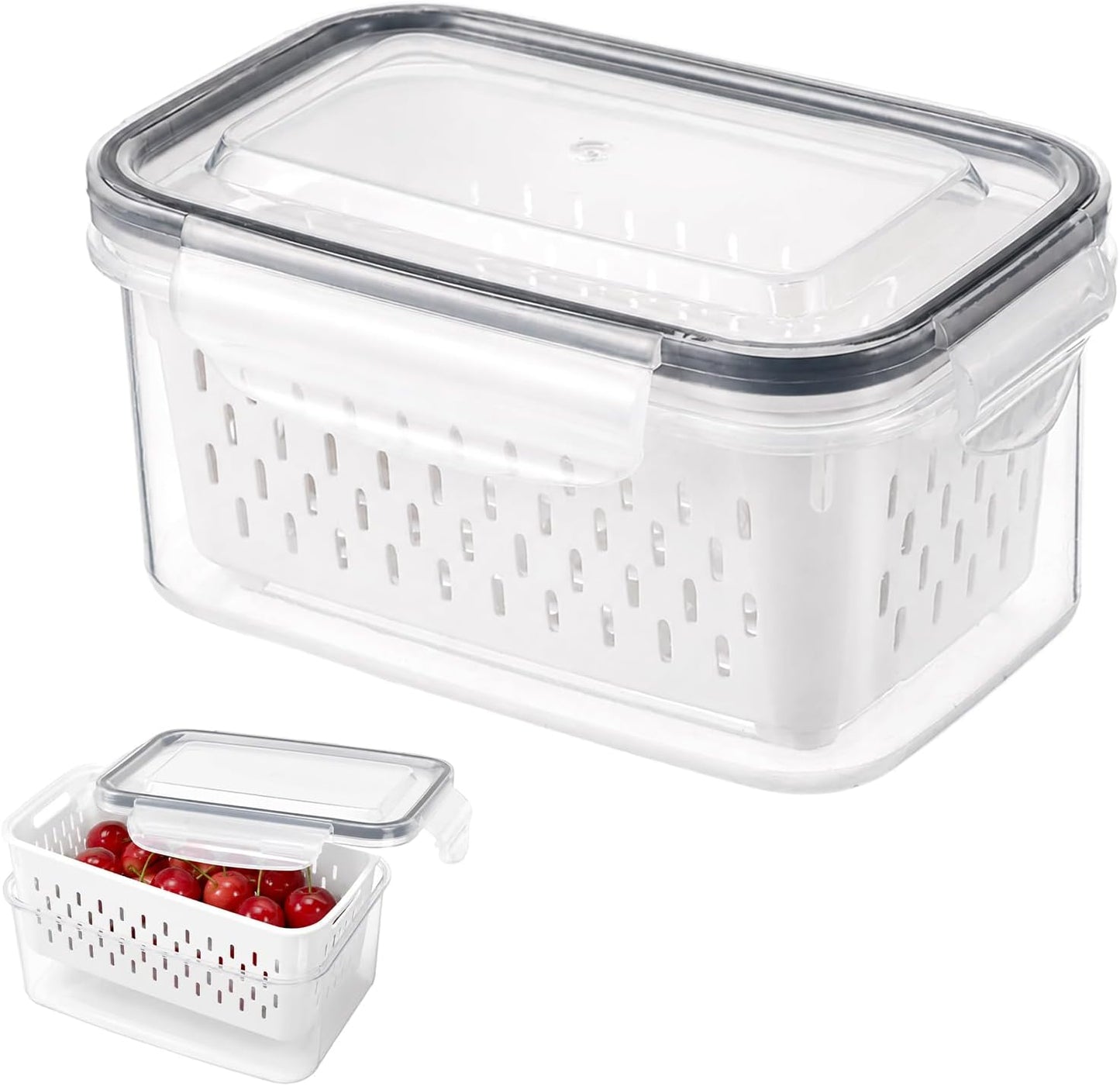 Fruit Storage Containers for Fridge (5x3.3x2.6 Inch) | Leakproof Produce Containers for Fridge with Removable Colander, Food Storage Containers, Durable, Keeps Food Fresh Longer