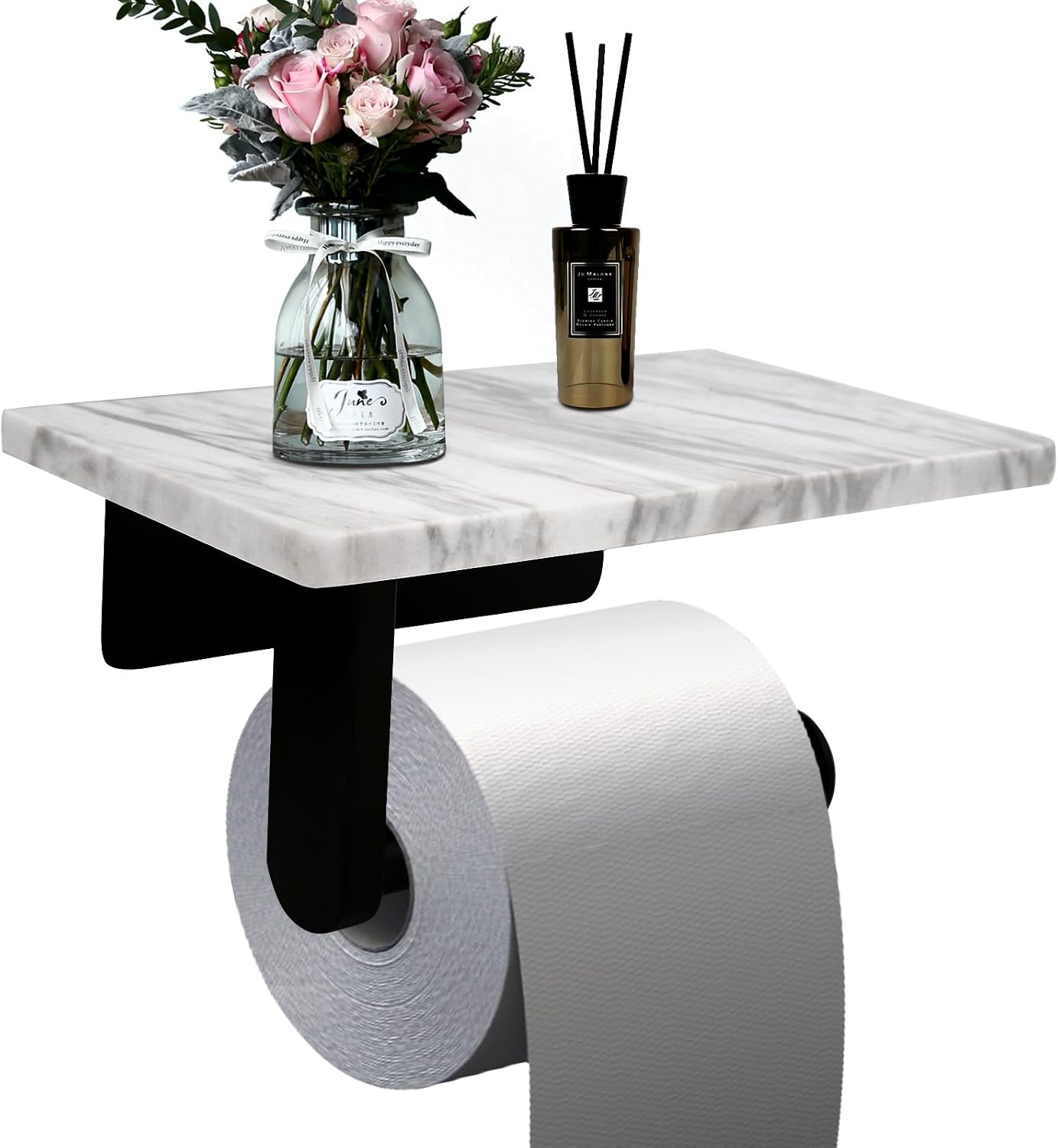 Toilet Paper Holder with Natural Marble Shelf for Bathroom Washroom,Wall Mounted Tissue Holder Suitable for Mega Roll (Brushed Nickel,Small 6.7 * 4.3 in)