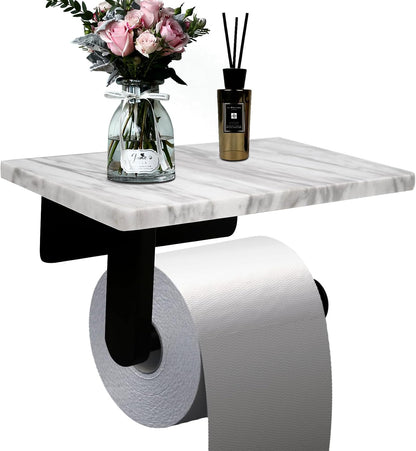 Toilet Paper Holder with Natural Marble Shelf for Bathroom Washroom,Wall Mounted Tissue Holder Suitable for Mega Roll (Brushed Nickel,Small 6.7 * 4.3 in)