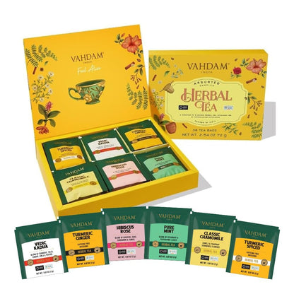 VAHDAM, Assorted Herbal Tea Sampler (18 Tea Bags, 9 Flavors) Caffeine-Free, Non-GMO | Double Infusion, Individually Enveloped Tea Bags | Herbal Tea Assortmen