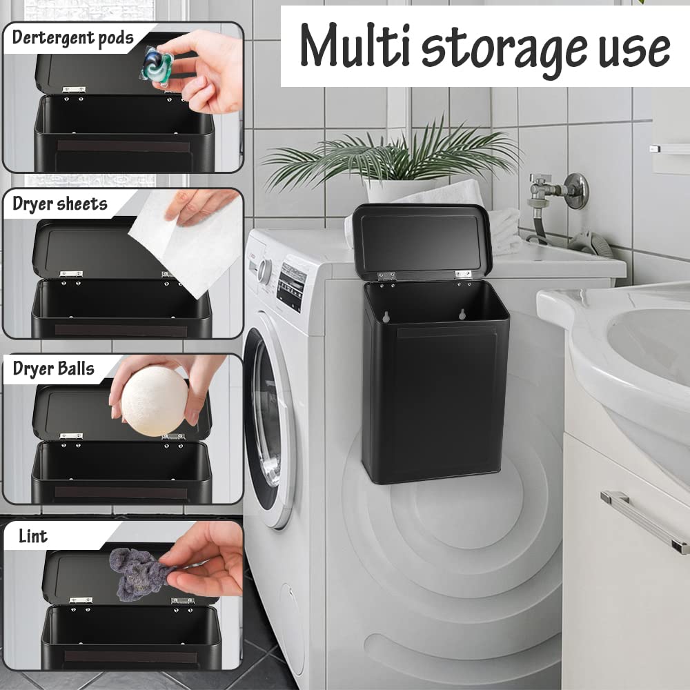 Picowe Magnetic Laundry Storage, Large Metal Lint Holder Bin with Lid for Laundry Room, Space-Saving Trash Container Hanging on Dryer, Washer or Wall Mount Trash Bin (White)