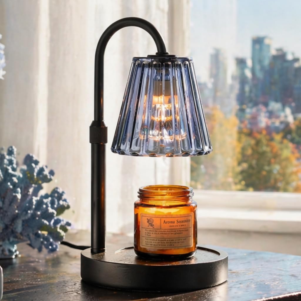 Candeldo Candle Warmer Lamp with Timer, Navy Blue Glass Shade | Height Adjustable, Dimmable, Elegant Home Decor, Birthday and Housewarming Gift for Candle Lovers, Includes 2 Bulbs