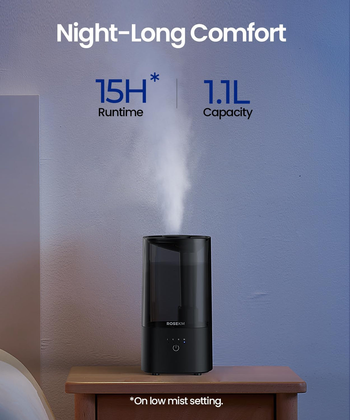 ROSEKM 2L Cool Mist Humidifier for Bedroom and Plants, Quiet, Black