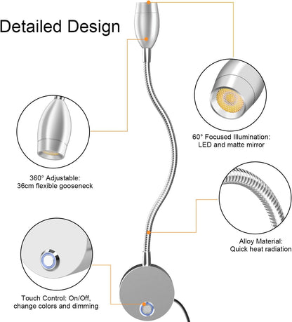 Wall Mounted LED Reading Light with 15" Flexible Gooseneck, Dimmable Book Light for Reading In Bed with USB Charging Port, Plug In Headboard Night Lights, 3 Colors Temperature, Touch Control-2 Pack