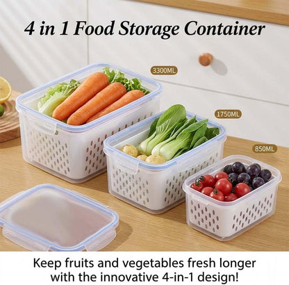 4 in 1 Food Storage Container-2/3 Pack Set with Lids, Fruit Storage Containers for Fridge with Removable Colander,Stackable Fridge Transparent Plastic Storages Box, Dishwasher Safe (Gray, S+M+L)