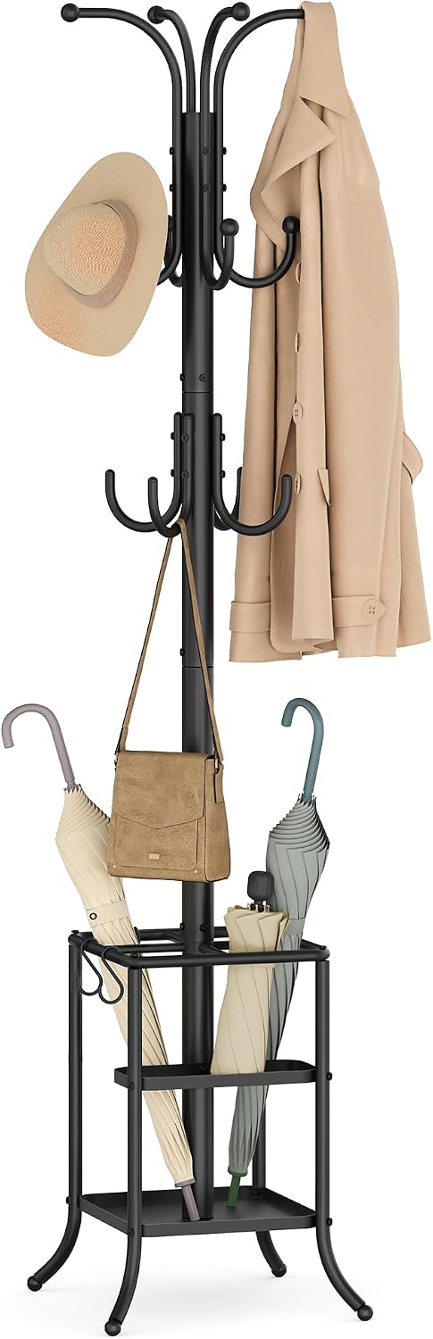 SONGMICS Coat Rack Freestanding Metal Coat Rack Stand with 12 Hooks | Coat Rack with Umbrella Holder